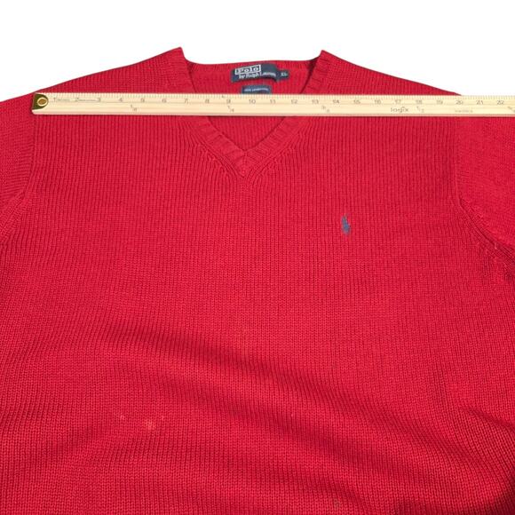 Vintage Polo By Ralph‎ Lauren Sweater Mens XL Red Lambs Wool V Neck Grandpa - Picture 10 of 16